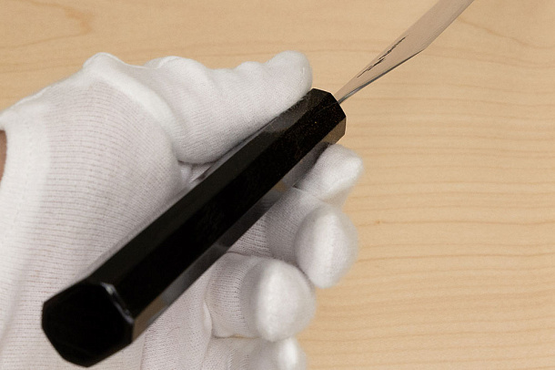 Hokiyama Sakon Bokusui AUS10 ROU-Wave Damascus 210mm (8.3") Gyuto knife with Gold Dust Urushi lacquered Magnolia Wood octagon handle