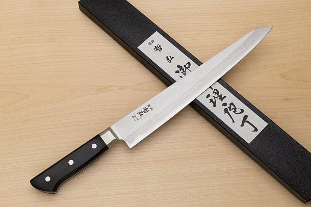 Tetsuhiro VG10 Kasumi nagashi Damascus Sujihiki knife 270mm (10.7") Black paper micarta