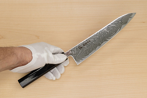 Hokiyama Sakon Bokusui AUS10 ROU-Wave Damascus 210mm (8.3") Gyuto knife with Gold Dust Urushi lacquered Magnolia Wood octagon handle