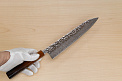 Hokiyama Sakon AUS10 Hammered shiny Damascus 240mm (9.5") Gyuto knife with Burnt pattern Urushi lacquered Magnolia Wood octagon handle - Knife-Life - Best Japanese Knife Store