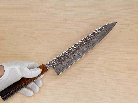 Hokiyama Sakon AUS10 Hammered shiny Damascus 240mm (9.5") Gyuto knife with Burnt pattern Urushi lacquered Magnolia Wood octagon handle