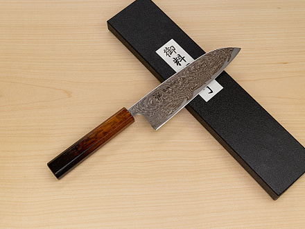 Hokiyama Sakon Bokusui AUS10 ROU-Wave Damascus 165mm (6.5") Santoku knife with Burnt pattern Urushi lacquered Magnolia Wood octagon handle