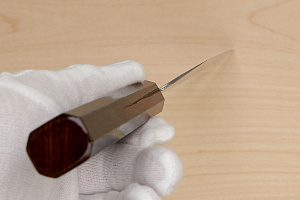 Hokiyama Sakon AUS10 Hammered shiny Damascus 170mm (6.7") Bunka knife with Burnt pattern Urushi lacquered Magnolia Wood octagon handle
