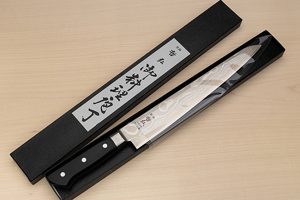 Tetsuhiro VG10 Damascus Sujihiki knife 270mm (10.7") Black paper micarta Tetsuhiro VG10 Damascus Sujihiki knife 270mm (10.7") Black paper micarta