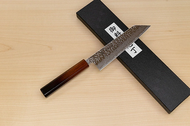 Hokiyama Sakon AUS10 Hammered shiny Damascus 170mm (6.7") Bunka knife with Burnt pattern Urushi lacquered Magnolia Wood octagon handle