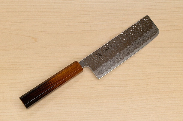 Hokiyama Sakon AUS10 Hammered shiny Damascus 165mm (6.5") Nakiri knife with Burnt pattern Urushi lacquered Magnolia Wood octagon handle Hokiyama Sakon AUS10 Hammered shiny Damascus 165mm (6.5") Nakiri knife with Burnt pattern Urushi lacquered Magnolia Wood octagon handle