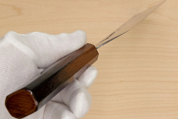 Hokiyama Sakon AUS10 Hammered shiny Damascus 165mm (6.5") Nakiri knife with Burnt pattern Urushi lacquered Magnolia Wood octagon handle Hokiyama Sakon AUS10 Hammered shiny Damascus 165mm (6.5") Nakiri knife with Burnt pattern Urushi lacquered Magnolia Wood octagon handle