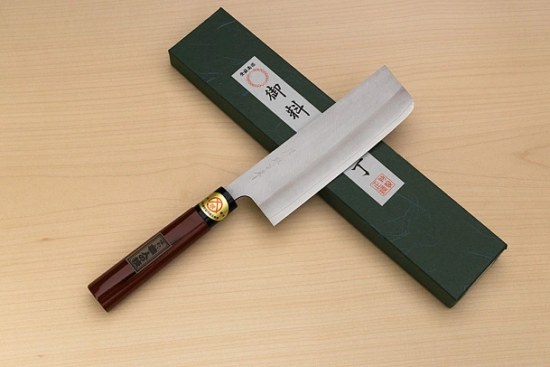 Sakai Genkichi Warikomi AUS8 Nakiri vegetable knife 165mm (6.5) Magnolia Wood with  Negoro-Nuri Urushi Lacque
