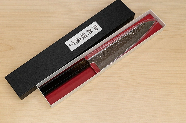 Hokiyama Sakon AUS10 Hammered shiny Damascus 210mm (8.3") Gyuto knife with Gold Dust Urushi lacquered Magnolia Wood octagon handle