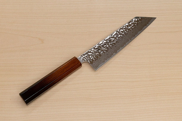 Hokiyama Sakon AUS10 Hammered shiny Damascus 170mm (6.7") Bunka knife with Burnt pattern Urushi lacquered Magnolia Wood octagon handle