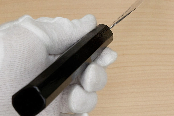 Hokiyama Sakon AUS10 Hammered shiny Damascus 210mm (8.3") Gyuto knife with Gold Dust Urushi lacquered Magnolia Wood octagon handle