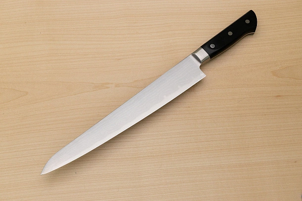 Tetsuhiro VG10 Kasumi nagashi Damascus Sujihiki knife 270mm (10.7") Black paper micarta Tetsuhiro VG10 Kasumi nagashi Damascus Sujihiki knife 270mm (10.7") Black paper micarta