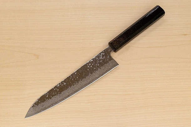Hokiyama Sakon AUS10 Hammered shiny Damascus 210mm (8.3") Gyuto knife with Gold Dust Urushi lacquered Magnolia Wood octagon handle