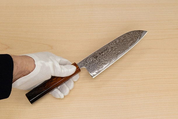 Hokiyama Sakon Bokusui AUS10 ROU-Wave Damascus 165mm (6.5") Santoku knife with Burnt pattern Urushi lacquered Magnolia Wood octagon handle