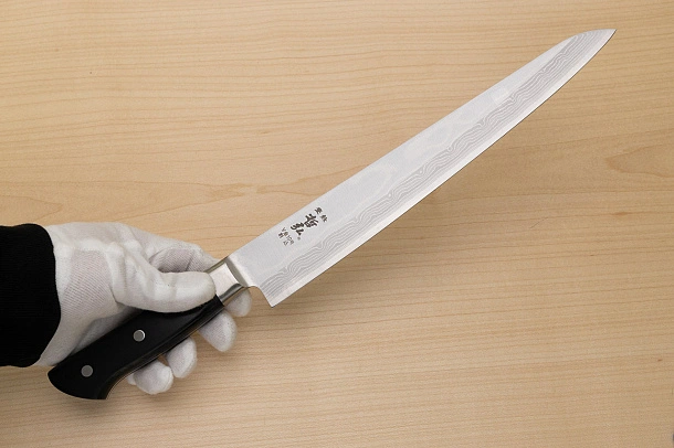 Tetsuhiro VG10 Kasumi nagashi Damascus Sujihiki knife 270mm (10.7") Black paper micarta Tetsuhiro VG10 Kasumi nagashi Damascus Sujihiki knife 270mm (10.7") Black paper micarta