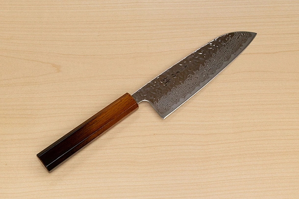 Hokiyama Sakon AUS10 Hammered shiny Damascus 165mm (6.5") Santoku knife with Burnt pattern Urushi lacquered Magnolia Wood octagon handle