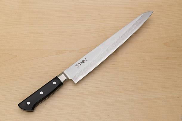 Tetsuhiro VG10 Kasumi nagashi Damascus Sujihiki knife 270mm (10.7") Black paper micarta Tetsuhiro VG10 Kasumi nagashi Damascus Sujihiki knife 270mm (10.7") Black paper micarta