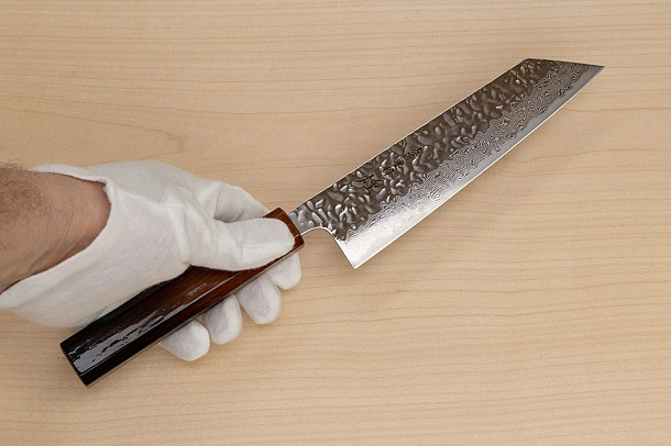 Hokiyama Sakon AUS10 Hammered shiny Damascus 170mm (6.7") Bunka knife with Burnt pattern Urushi lacquered Magnolia Wood octagon handle