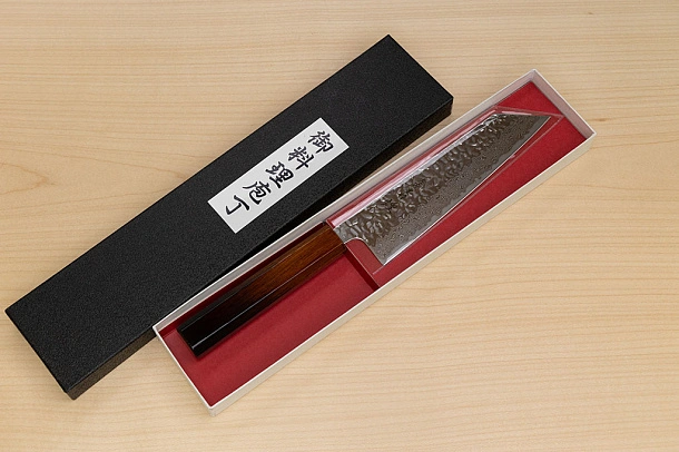 Hokiyama Sakon AUS10 Hammered shiny Damascus 170mm (6.7") Bunka knife with Burnt pattern Urushi lacquered Magnolia Wood octagon handle
