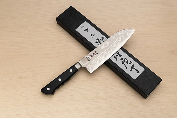 Tetsuhiro VG10 Damascus Santoku knife 170mm (6.7") Black paper micarta