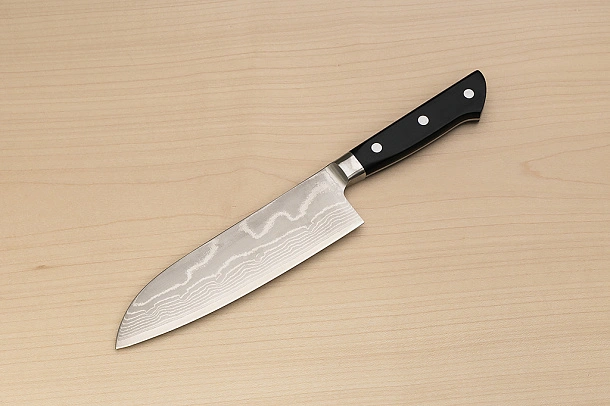 Tetsuhiro VG10 Damascus Santoku knife 170mm (6.7") Black paper micarta Tetsuhiro VG10 Damascus Santoku knife 170mm (6.7") Black paper micarta