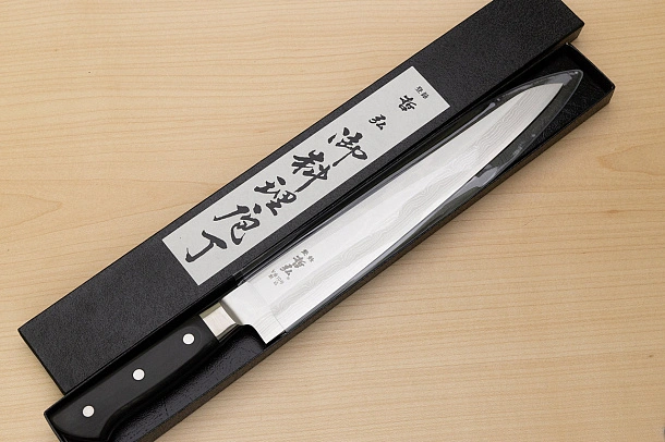 Tetsuhiro VG10 Kasumi nagashi Damascus Sujihiki knife 270mm (10.7") Black paper micarta Tetsuhiro VG10 Kasumi nagashi Damascus Sujihiki knife 270mm (10.7") Black paper micarta
