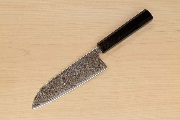 Hokiyama Sakon Bokusui AUS10 ROU-Wave Damascus 165mm (6.5") Santoku knife with Gold Dust Urushi lacquered Magnolia Wood octagon handle