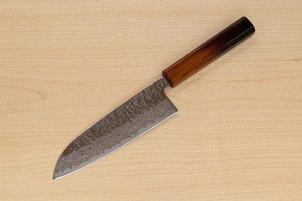 Hokiyama Sakon AUS10 Hammered shiny Damascus 165mm (6.5") Santoku knife with Burnt pattern Urushi lacquered Magnolia Wood octagon handle