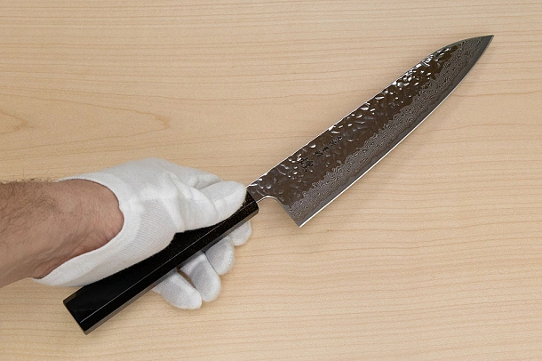 Hokiyama Sakon AUS10 Hammered shiny Damascus 210mm (8.3") Gyuto knife with Gold Dust Urushi lacquered Magnolia Wood octagon handle