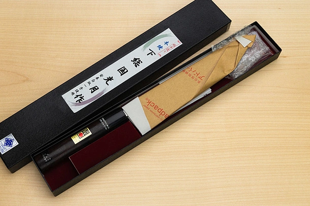 Goko Hamono Shimosanokuni Kogetsu White steel 1 Hon-yaki Gyuto knife 240 mm (9.5") Rosewood handle Goko Hamono Shimosanokuni Kogetsu White steel 1 Hon-yaki Gyuto knife 240 mm (9.5") Rosewood handle