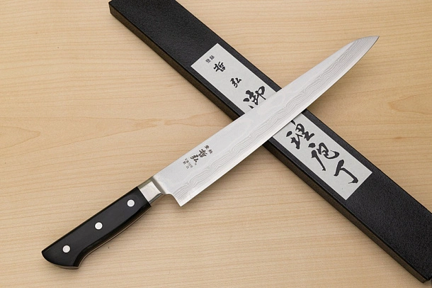Tetsuhiro VG10 Kasumi nagashi Damascus Sujihiki knife 270mm (10.7") Black paper micarta