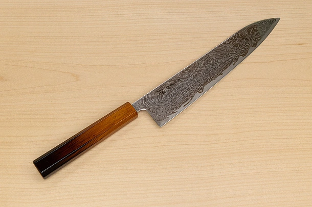Hokiyama Sakon Bokusui AUS10 ROU-Wave Damascus 240mm (9.5") Gyuto knife with Burnt pattern Urushi lacquered Magnolia Wood octagon handle