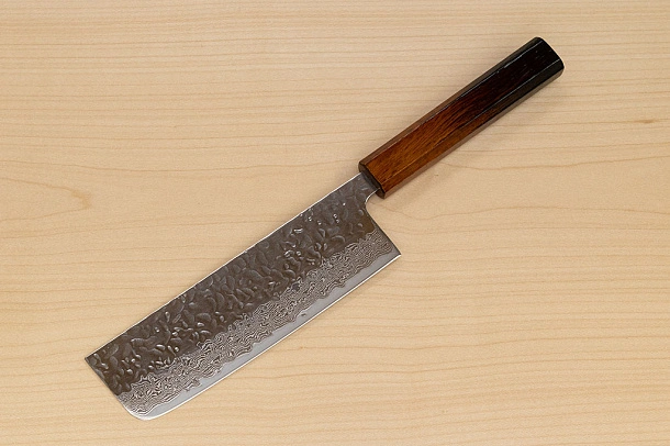 Hokiyama Sakon AUS10 Hammered shiny Damascus 165mm (6.5") Nakiri knife with Burnt pattern Urushi lacquered Magnolia Wood octagon handle Hokiyama Sakon AUS10 Hammered shiny Damascus 165mm (6.5") Nakiri knife with Burnt pattern Urushi lacquered Magnolia Wood octagon handle