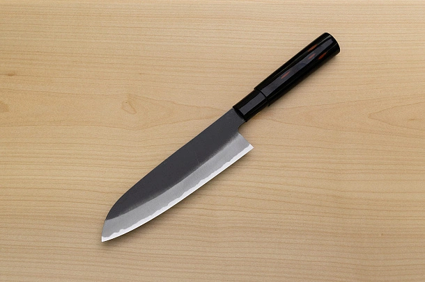 Sakai Genkichi Kurouchi Warikomi White steel 2 Santoku knife 180mm (7.1) Magnolia Wood with Akebono-Nuri Urushi Lacque